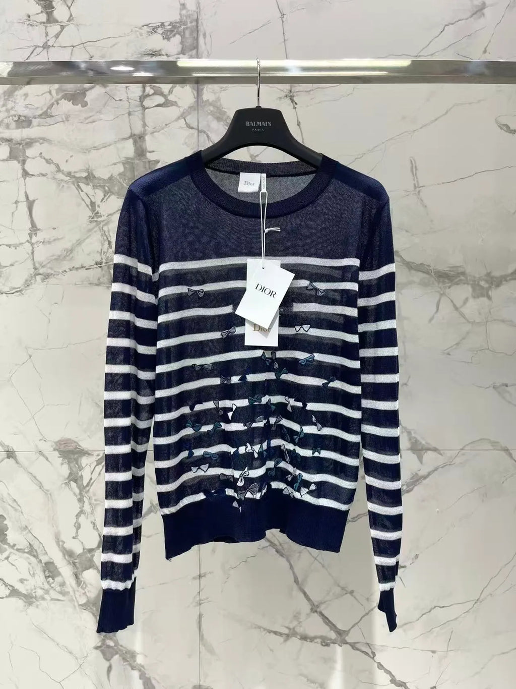 Bow Embroidery Stripe Knit Top