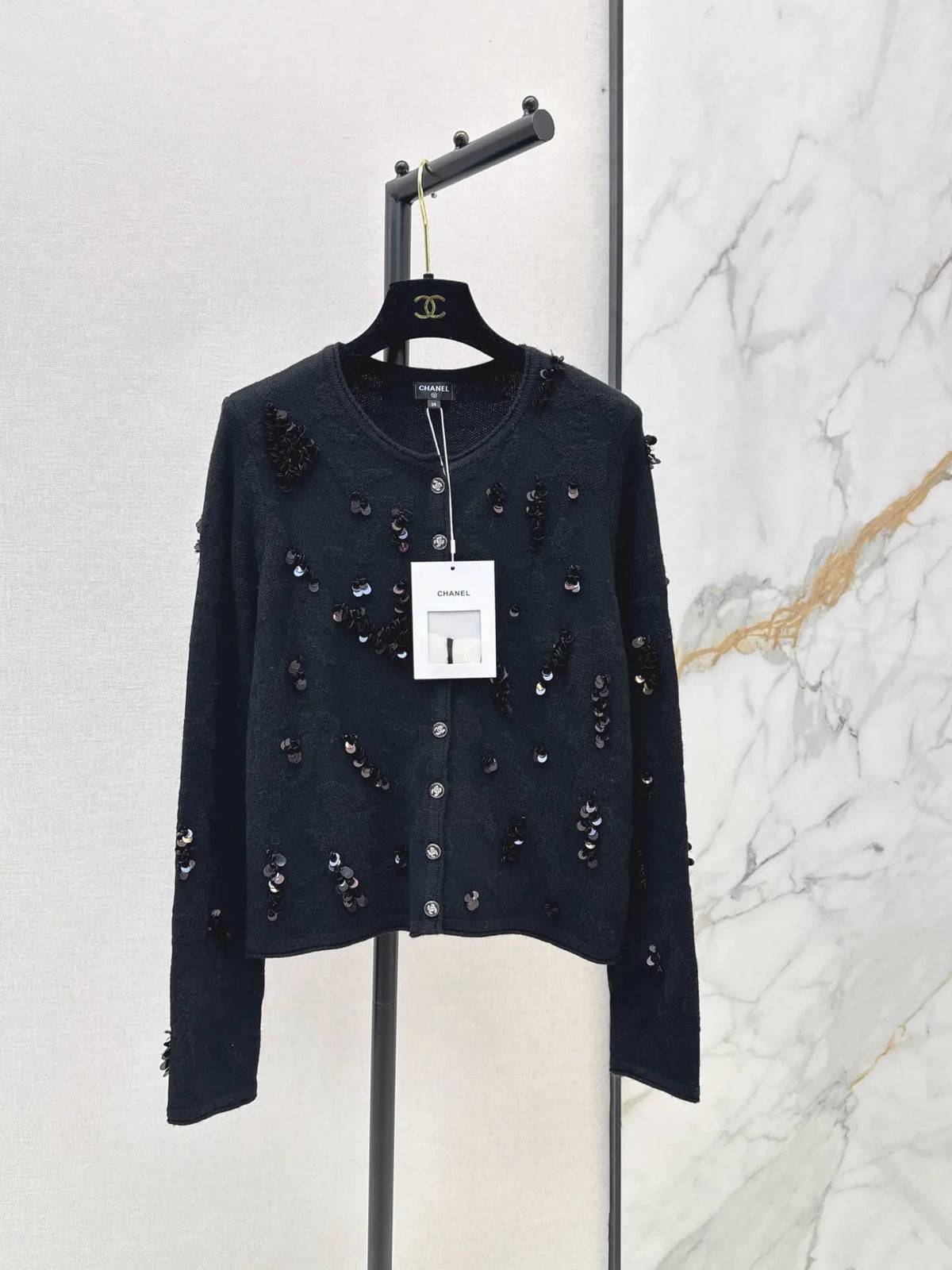 Neck 3D Sequin Knit Cardigan