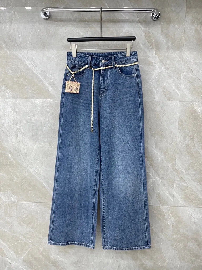 Chain Belt Decor High Waist Wide Leg Jeans
