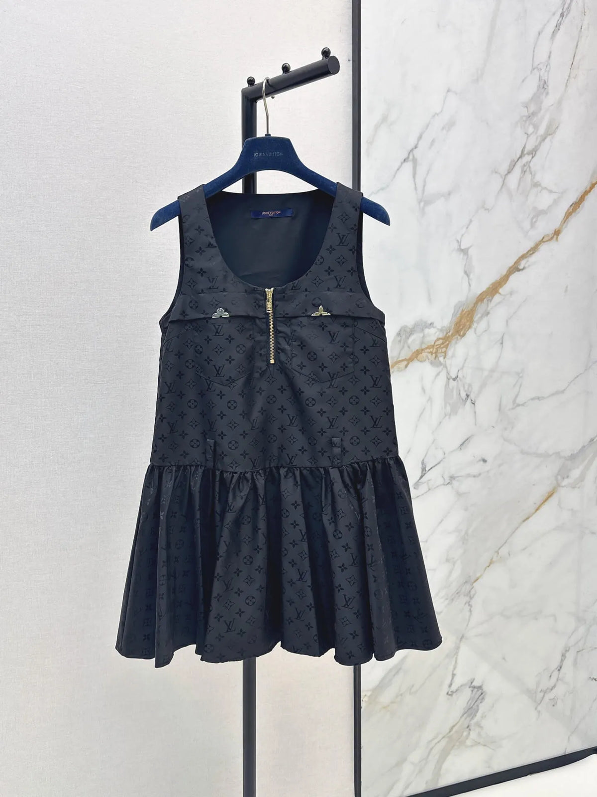 U-Front Zipper Flounce Hem Tank Dress