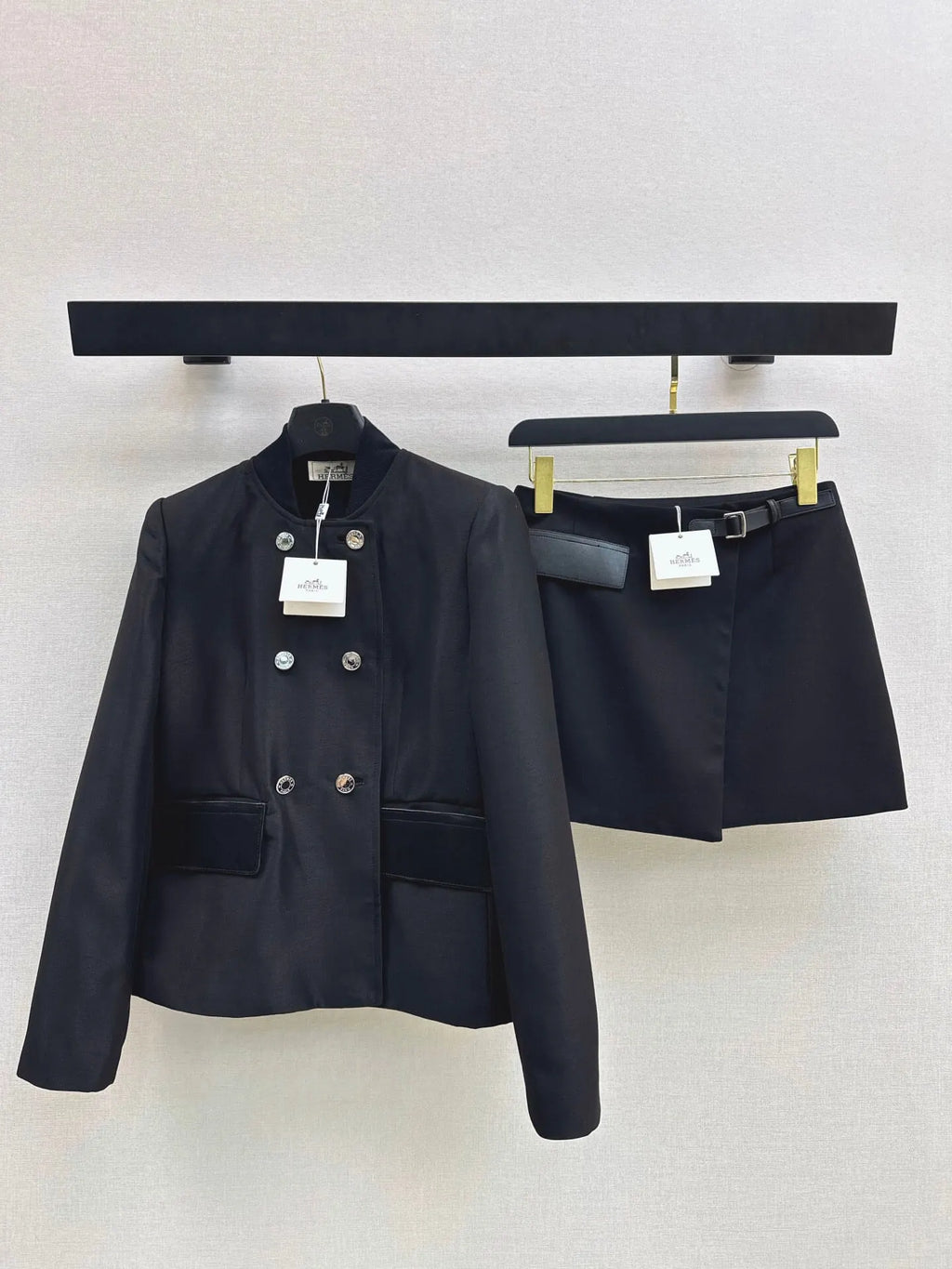 Black Stand Collar Jacket Skort Set