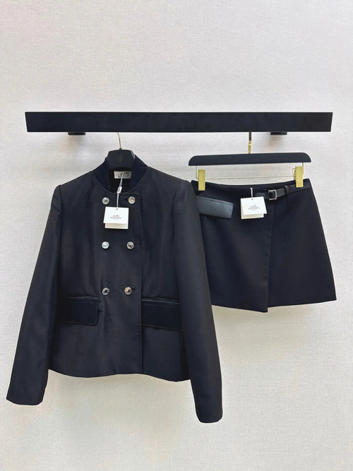 Black Stand Collar Jacket Skort Set
