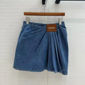 Pleated Patchwork Leather Label Denim Skirt