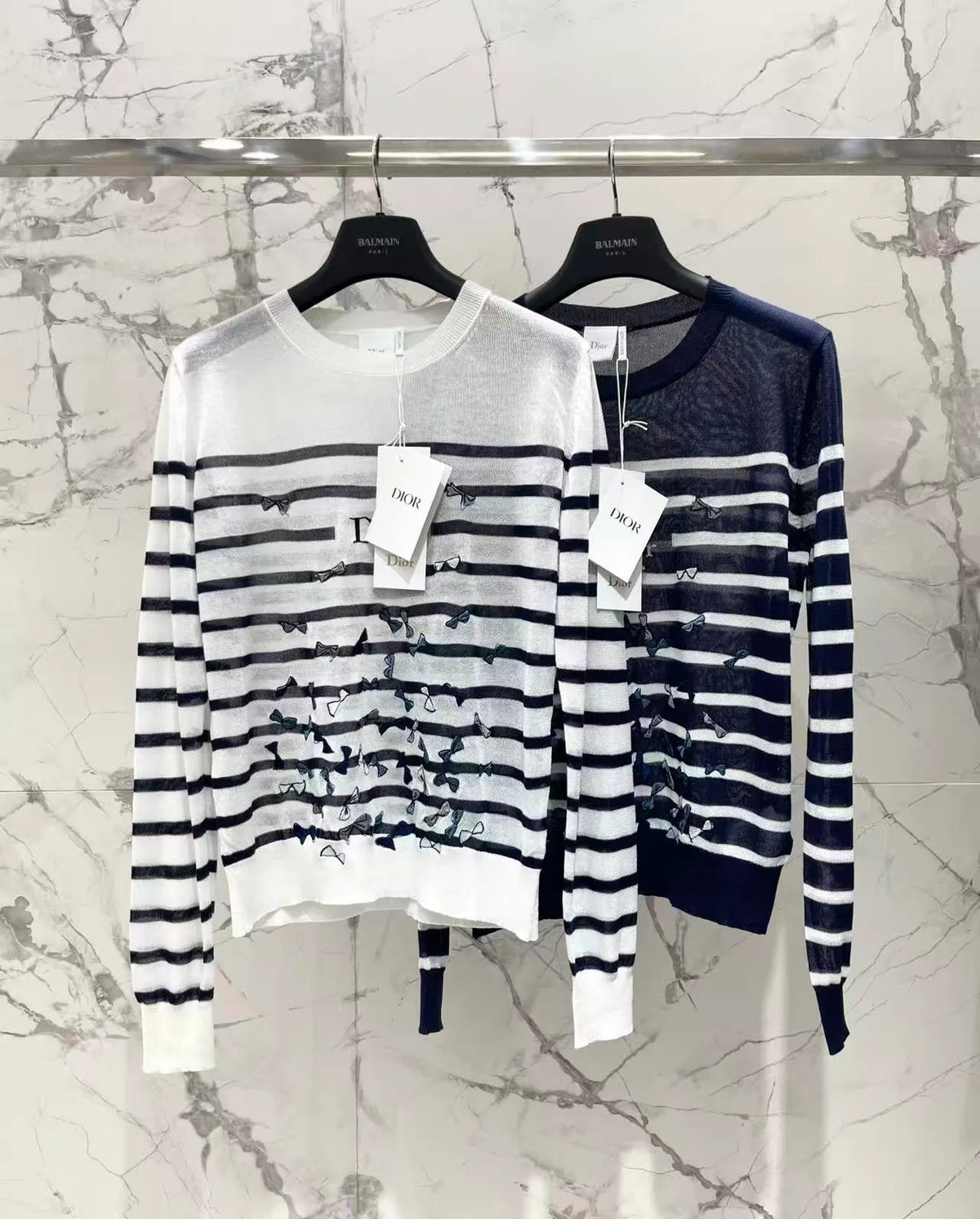 Bow Embroidery Stripe Knit Top