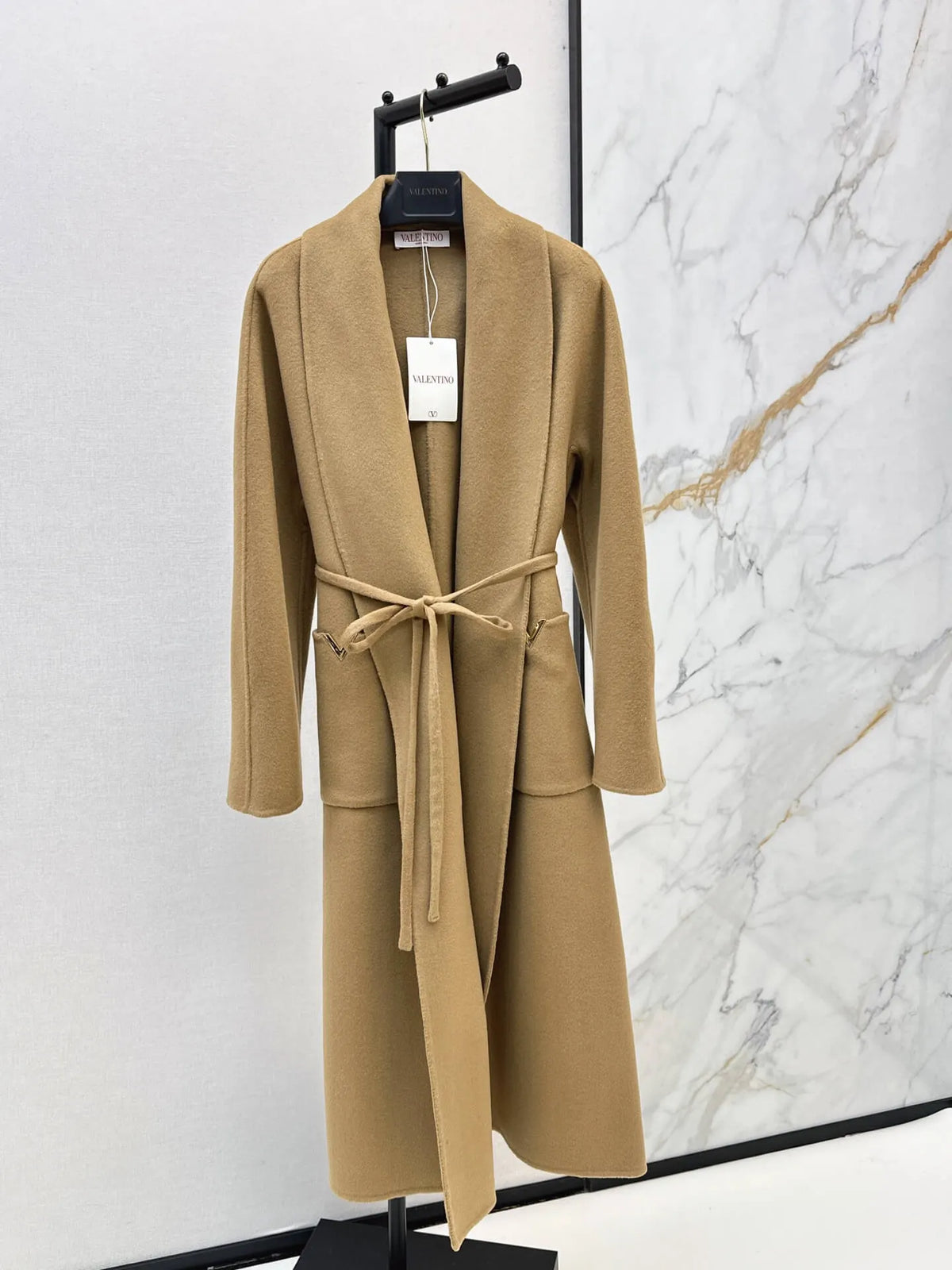 V Detail Belted Wool Long Coat