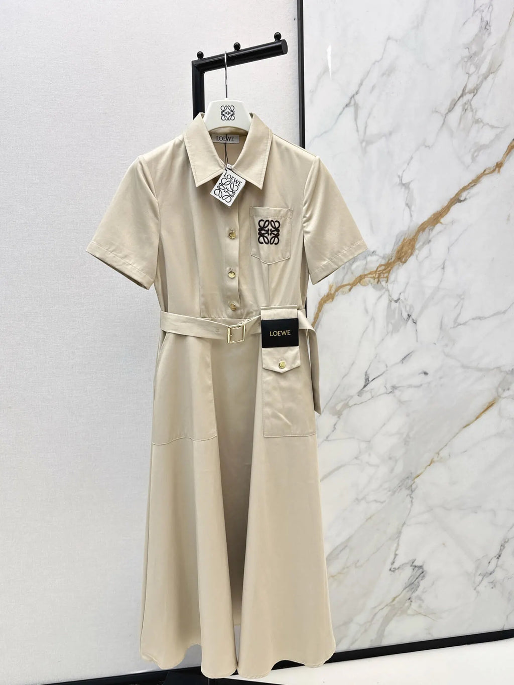 Lapel Short Sleeve Pocket Waist Tie Dress