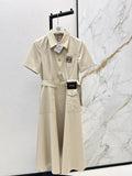Lapel Short Sleeve Pocket Waist Tie Dress