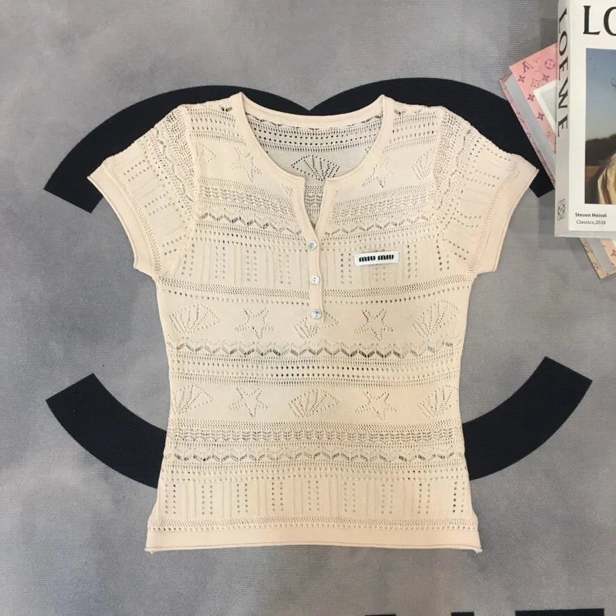 Hollow Stripe Textured Rib Knit Tee