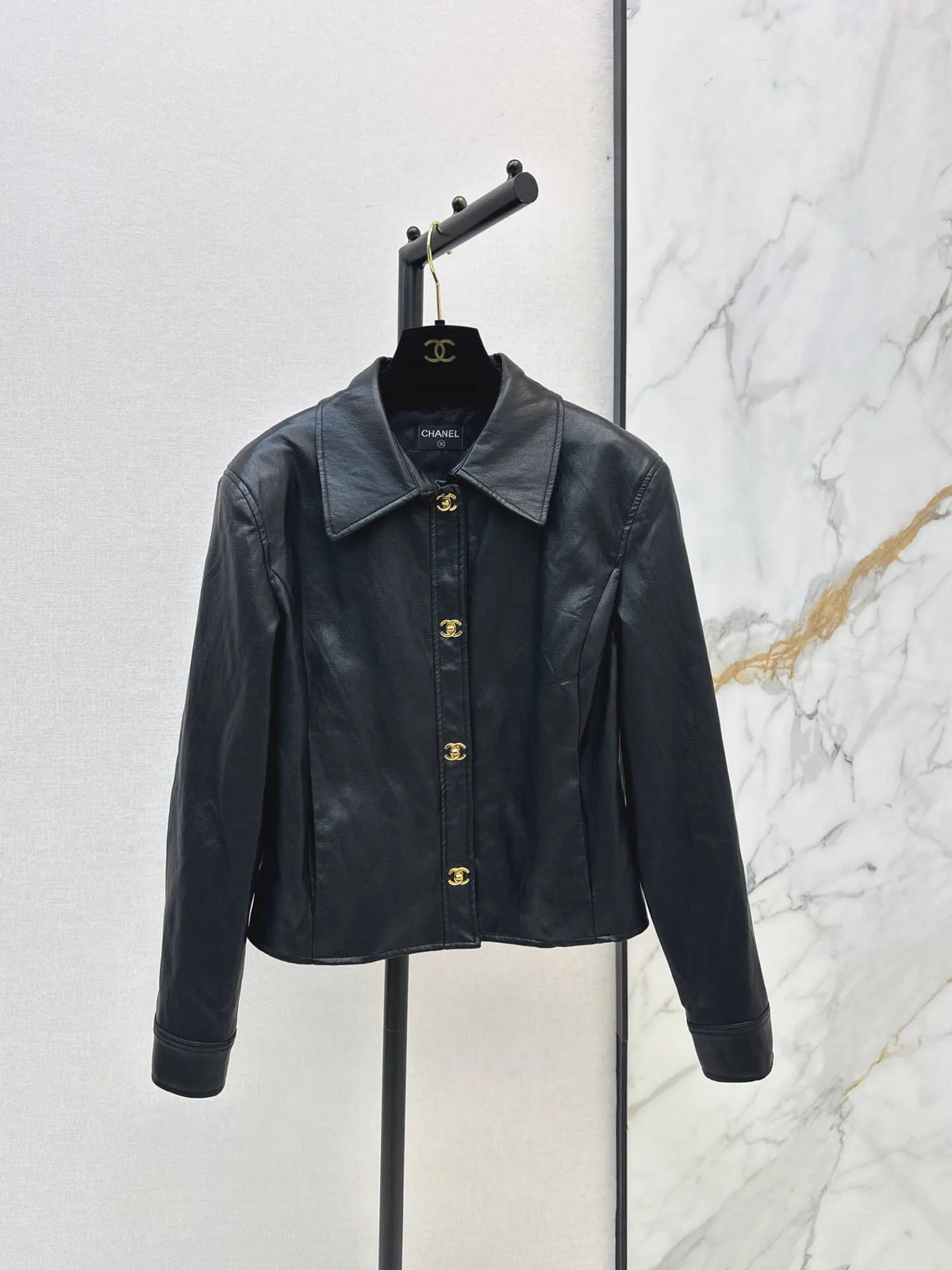 Point Collar Cropped Leather Coat