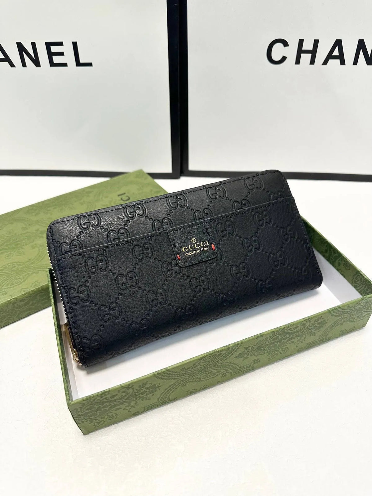 Black Textured Embossed Zip Long Wallet