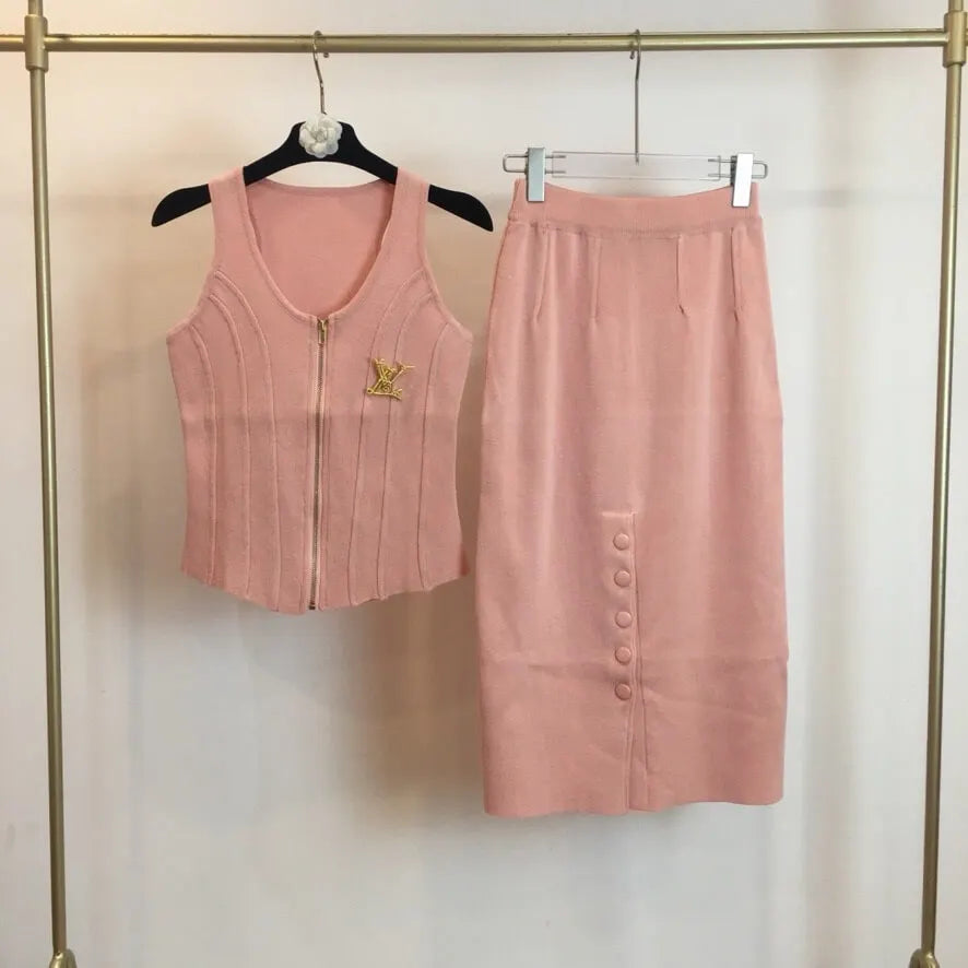 Slim Vest Button Detail Midi Skirt Set