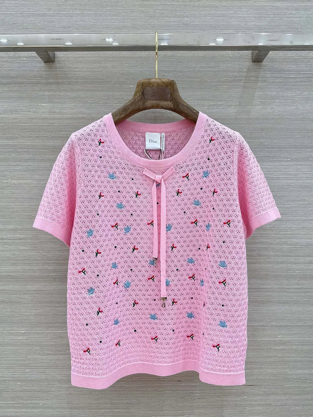 Floral Embroidered Bow Hollow Knit Short Sleeve