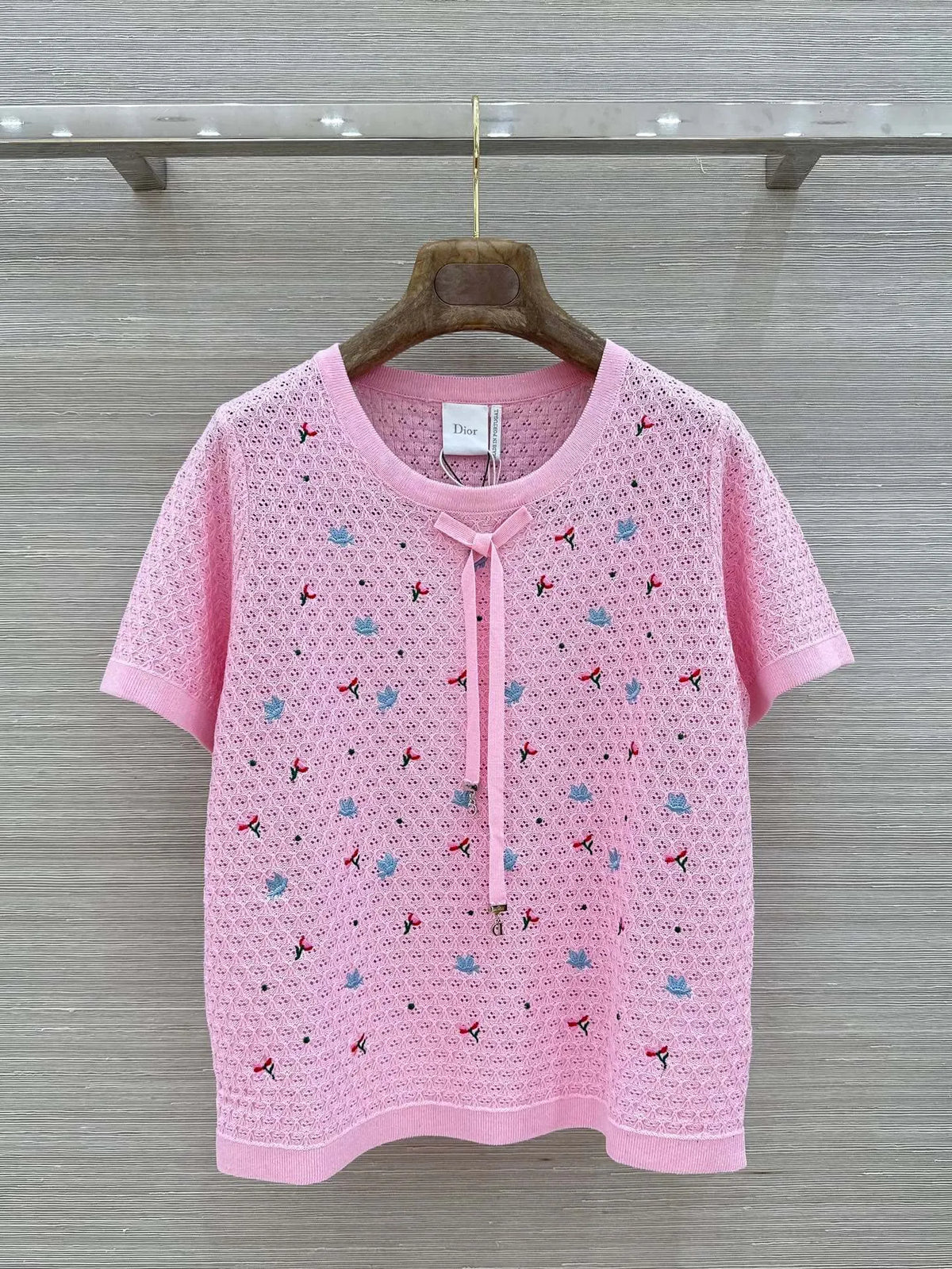 Floral Embroidered Bow Hollow Knit Short Sleeve