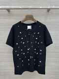 Floral Embroidered Bow Hollow Knit Short Sleeve
