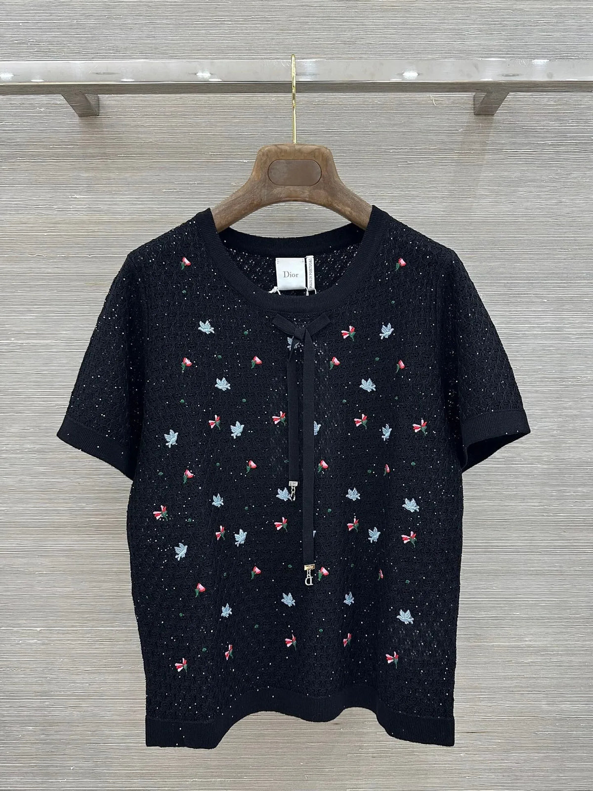 Floral Embroidered Bow Hollow Knit Short Sleeve
