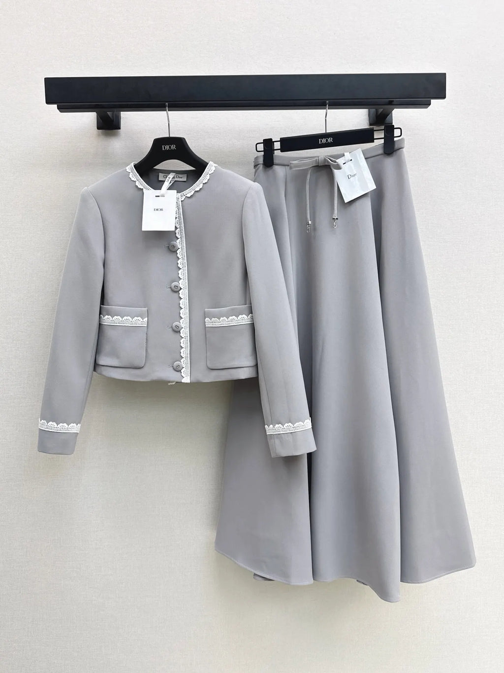 Grey Lace Trim Jacket and Skirt Set