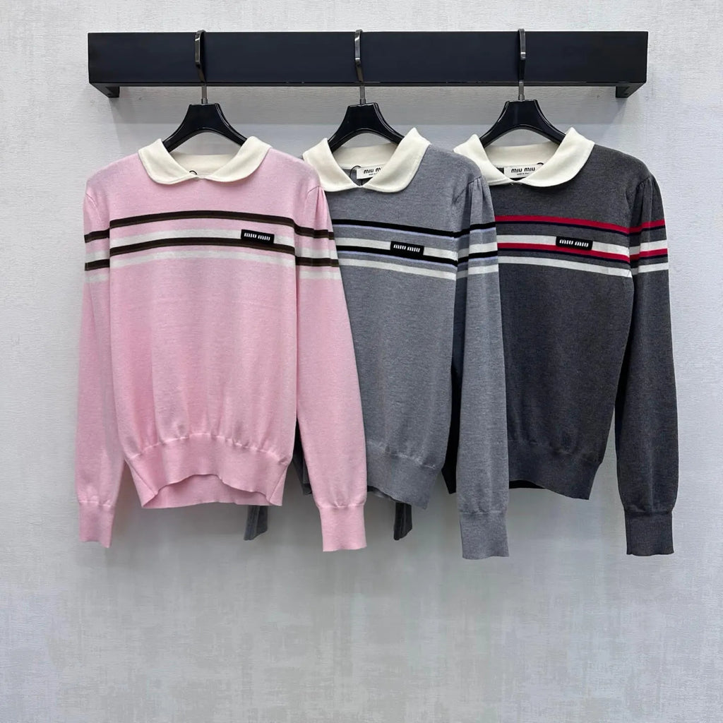 Contrast Collar Striped Knit Top