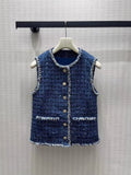 Mixed Yarn Openwork Blue Vest