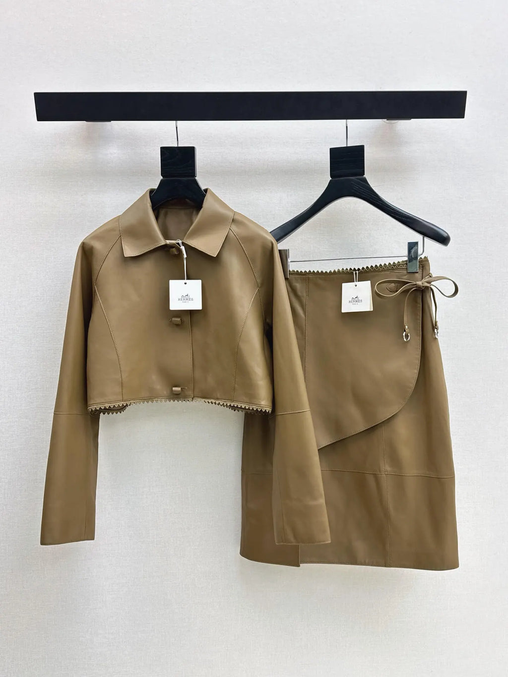 Brown Cropped Leather Jacket Skirt Set