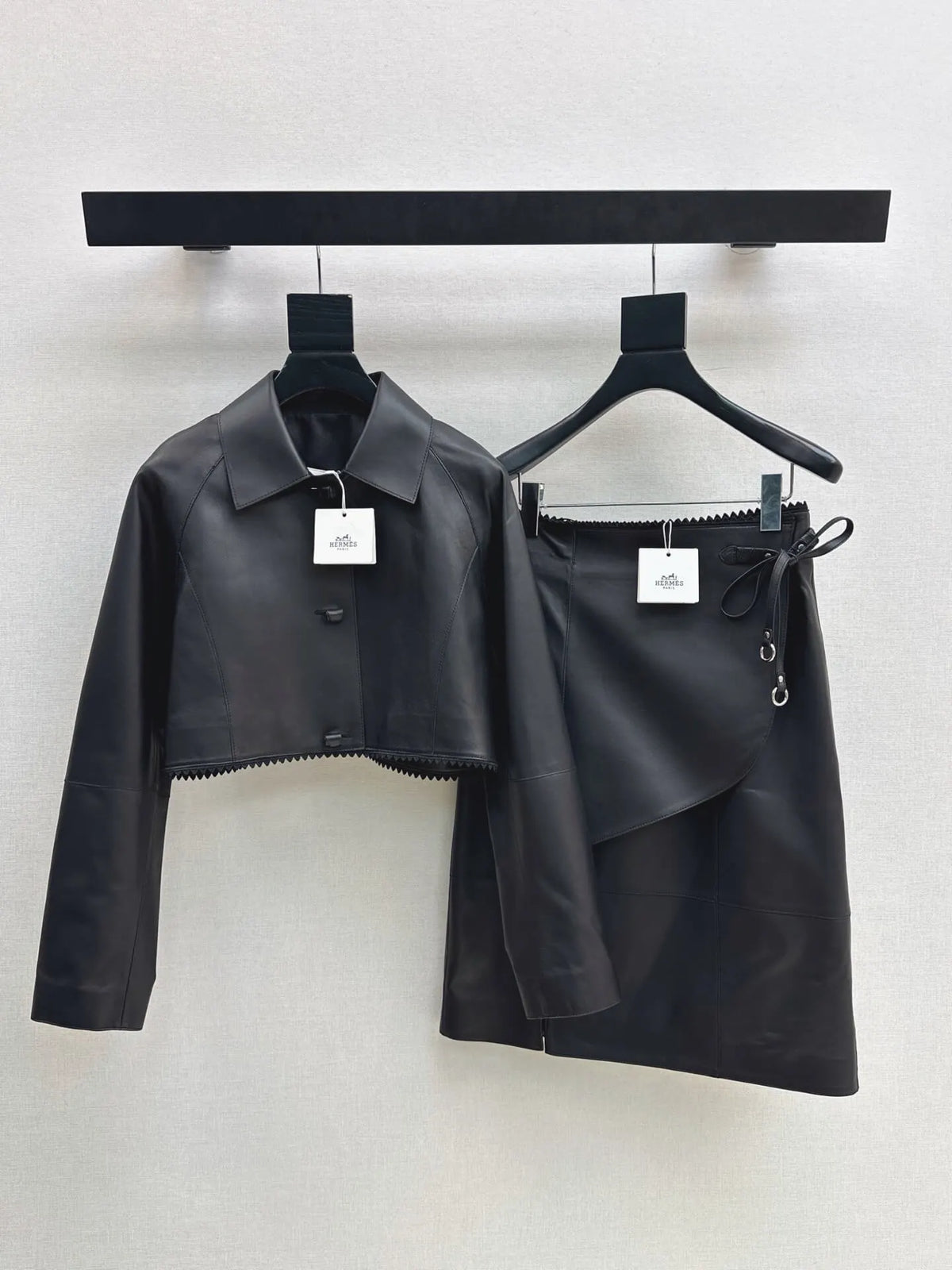 Black Cropped Leather Jacket Skirt Set