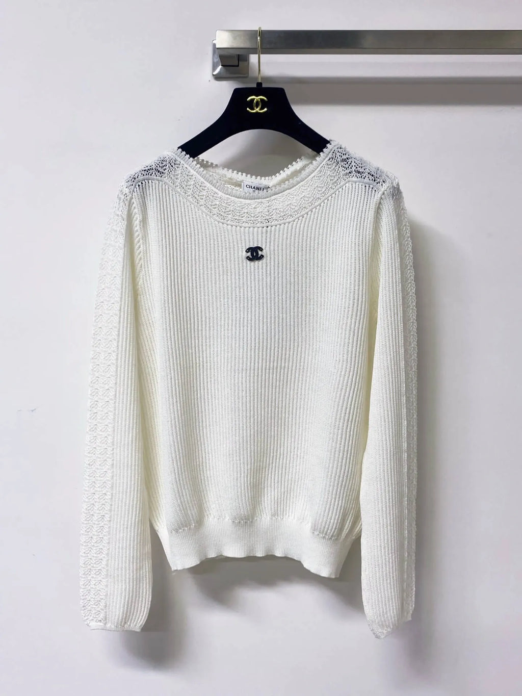 Scallop Neck Hollow Panel Rib Knit Top