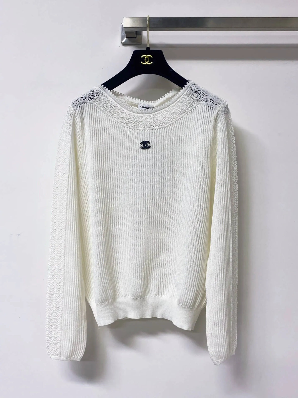 Scallop Neck Hollow Panel Rib Knit Top