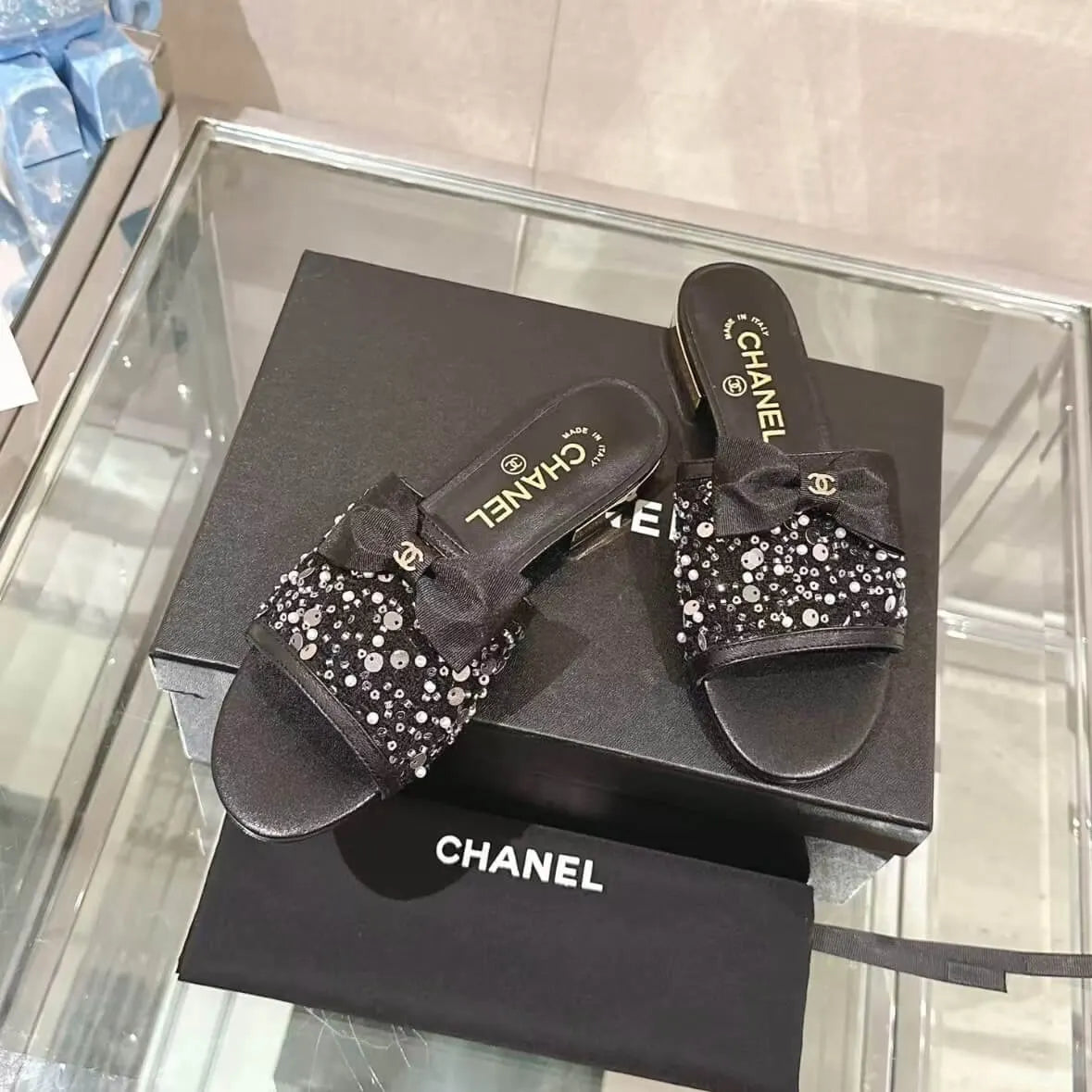 Elegant Black Sequined Bow Sandals