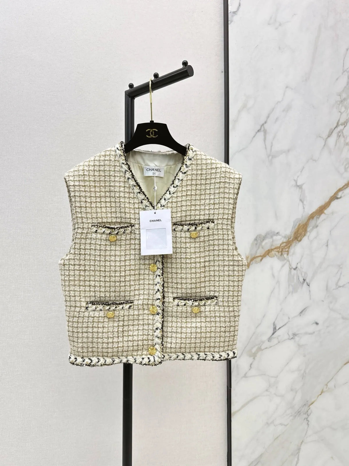 Check Tweed Cropped Vest V-Neck